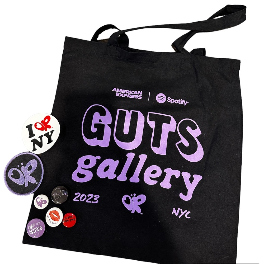 RARE Exclusive Olivia Rodrigo Guts Gallery NYC Tote Bag Patch Sticker & Pins